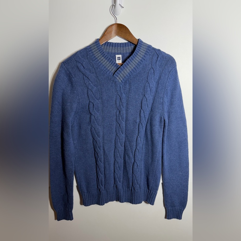 Gap Unisex Blue V-neck Cable Knit Varsity Sweater With Gray Stripe